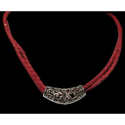 Red And Silver Faux Leather Floral Necklace