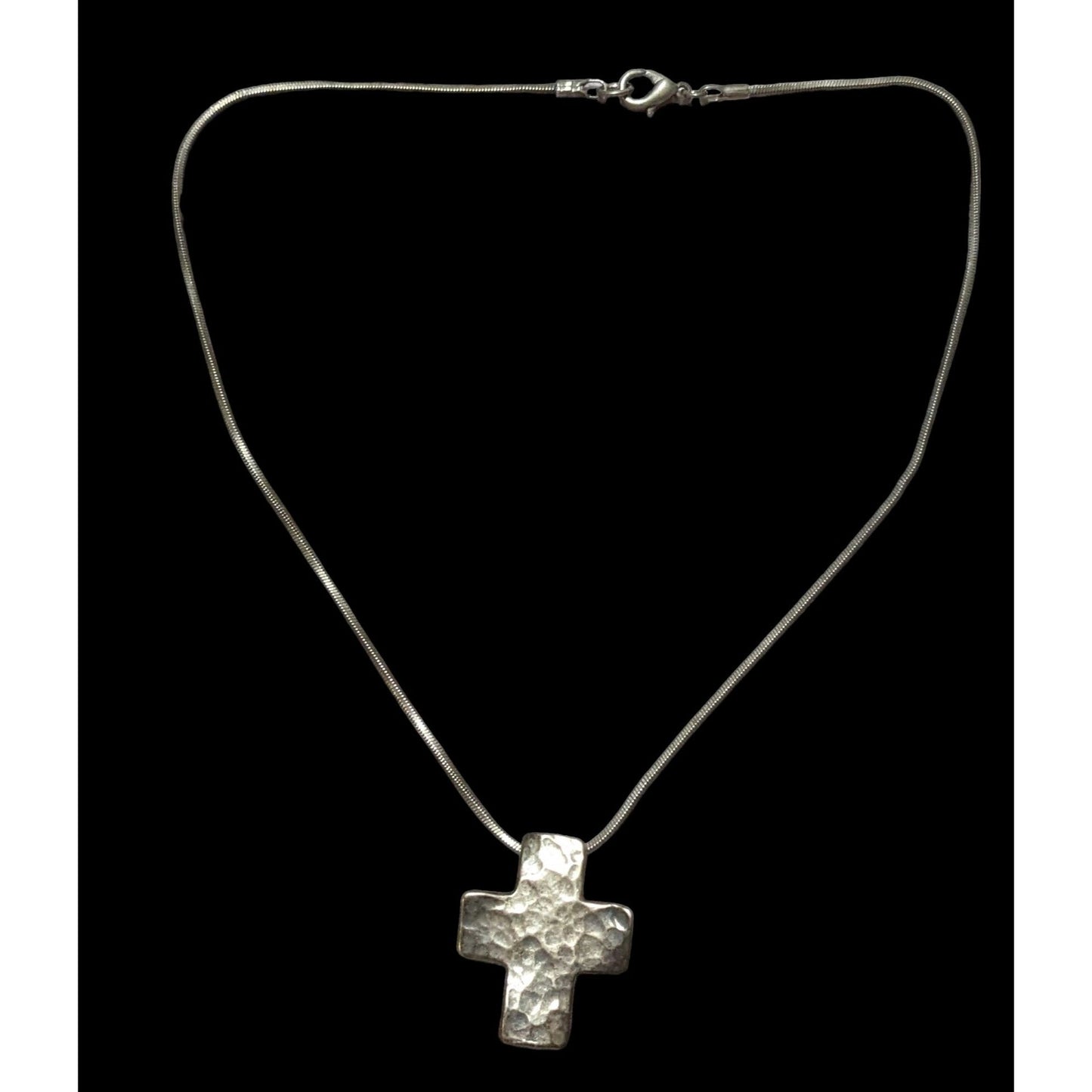 Vintage Sterling Silver Hammered Oxidized Cross Necklace