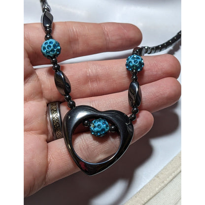 Hematite Open Heart Beaded Pendant Necklace