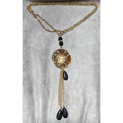 Gold Floral Crystal Filled Pendant Tassel Necklace