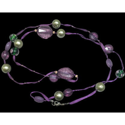 Whimsical Purple Beaded Ribbon Station Necklace