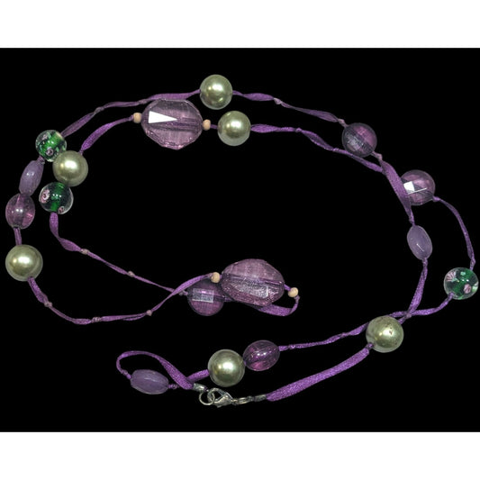 Whimsical Purple Beaded Ribbon Station Necklace