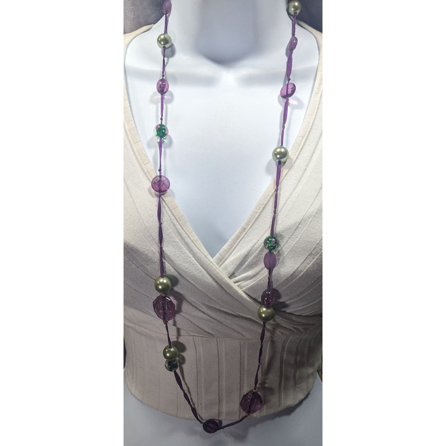 Whimsical Purple Beaded Ribbon Station Necklace