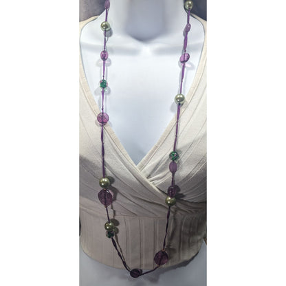 Whimsical Purple Beaded Ribbon Station Necklace