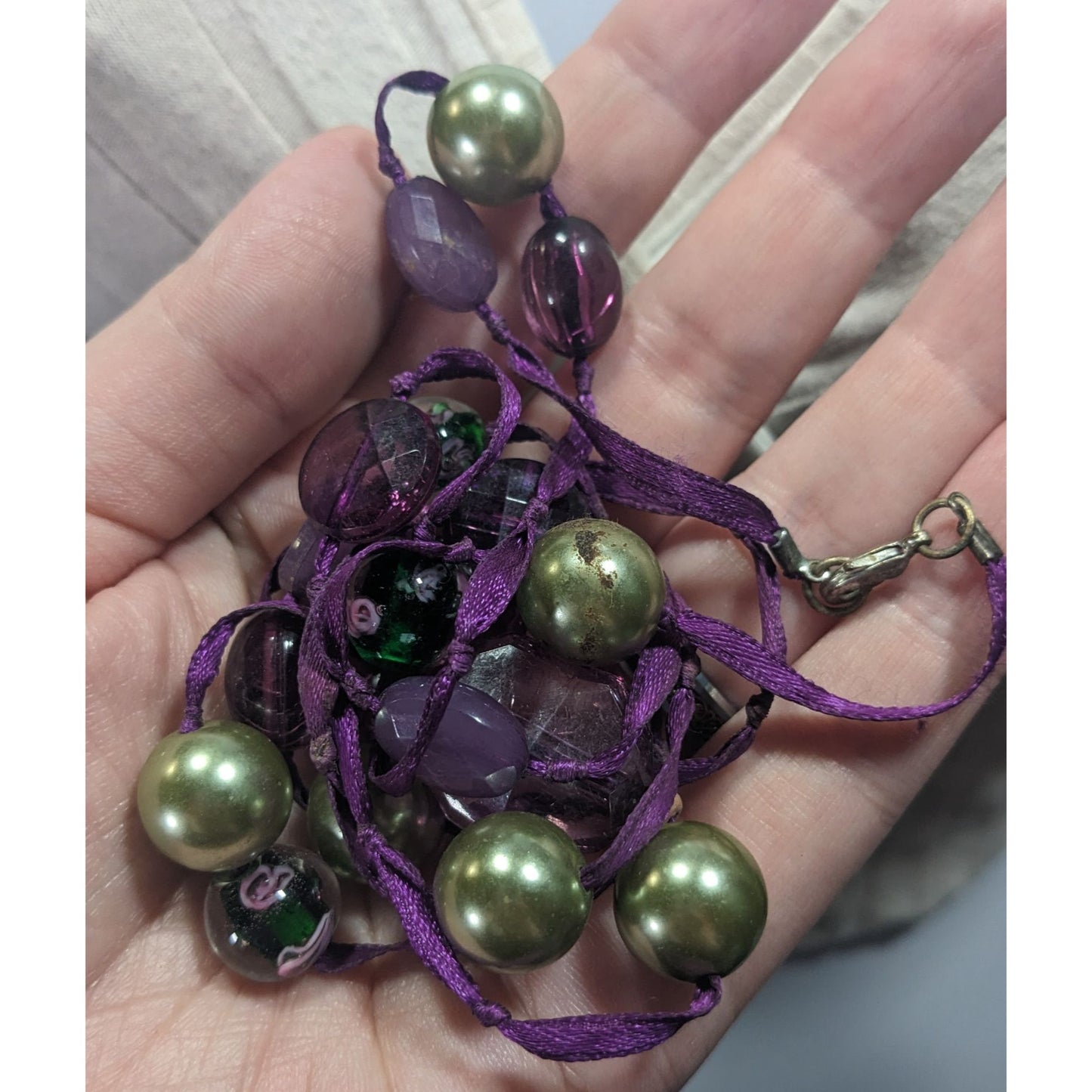 Whimsical Purple Beaded Ribbon Station Necklace
