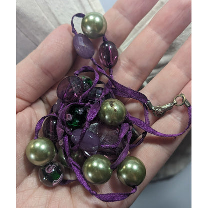 Whimsical Purple Beaded Ribbon Station Necklace