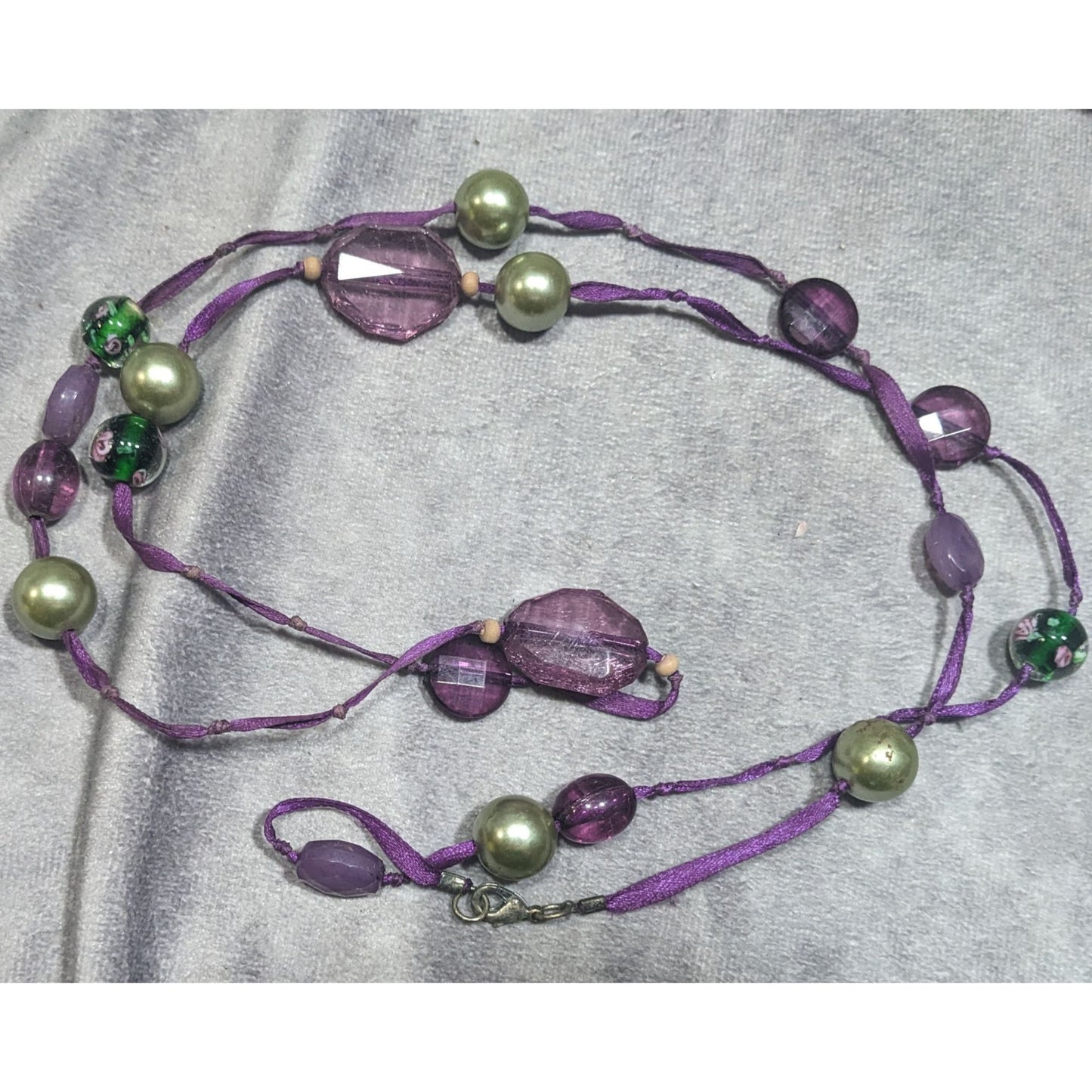Whimsical Purple Beaded Ribbon Station Necklace