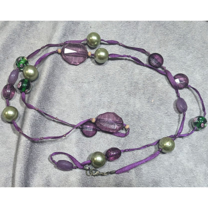 Whimsical Purple Beaded Ribbon Station Necklace