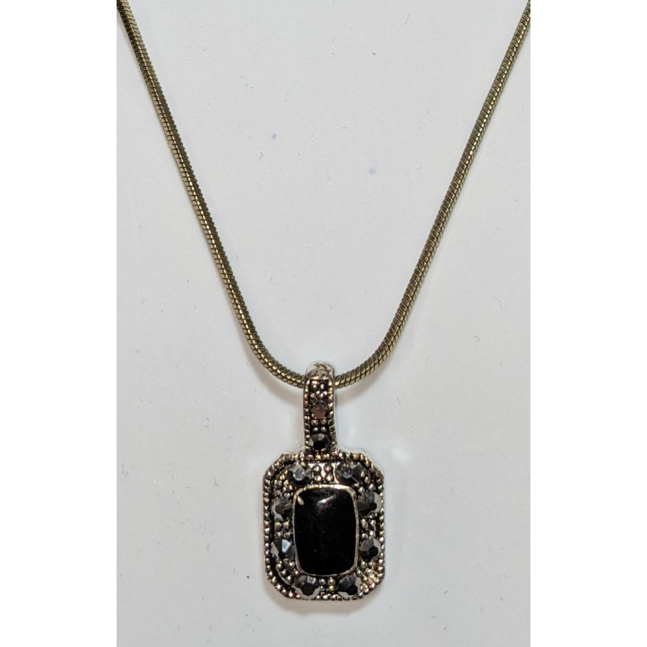 Gothic Marcasite Necklace With Black Stone Pendant