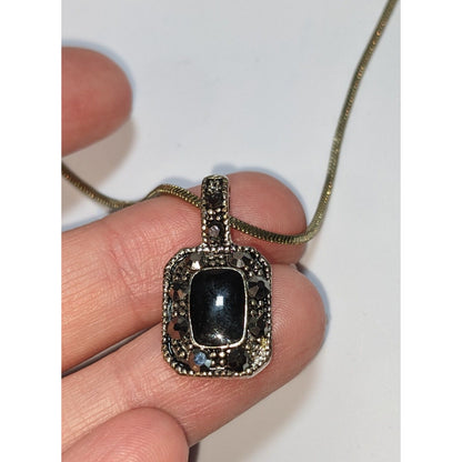 Gothic Marcasite Necklace With Black Stone Pendant