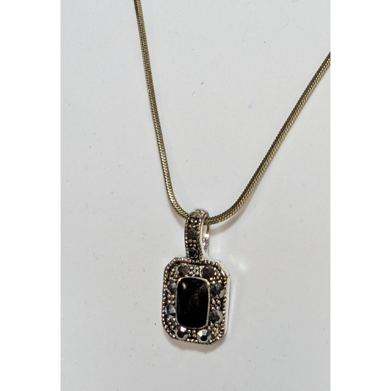 Gothic Marcasite Necklace With Black Stone Pendant
