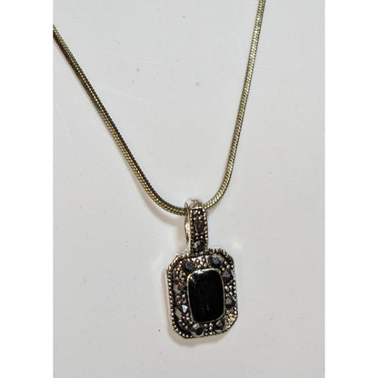 Gothic Marcasite Necklace With Black Stone Pendant