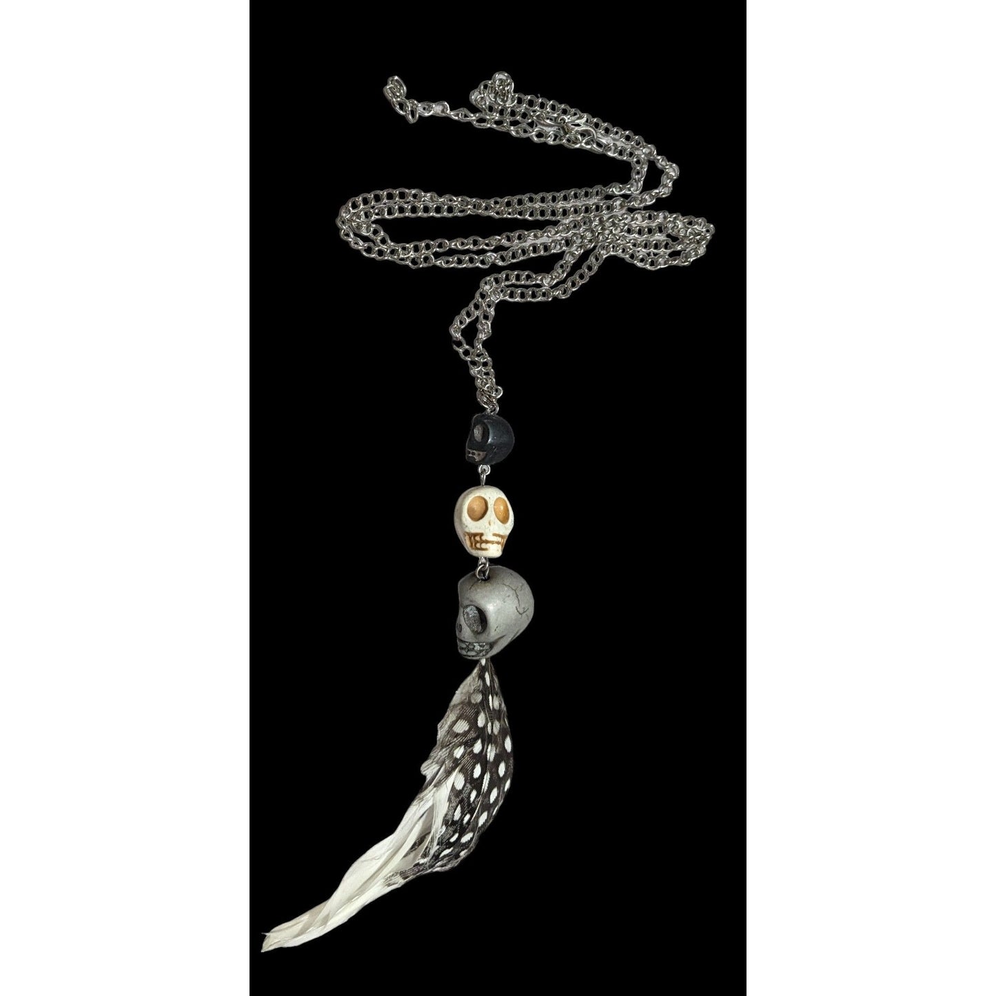 Triple Skull Beaded Feather Pendant Necklace