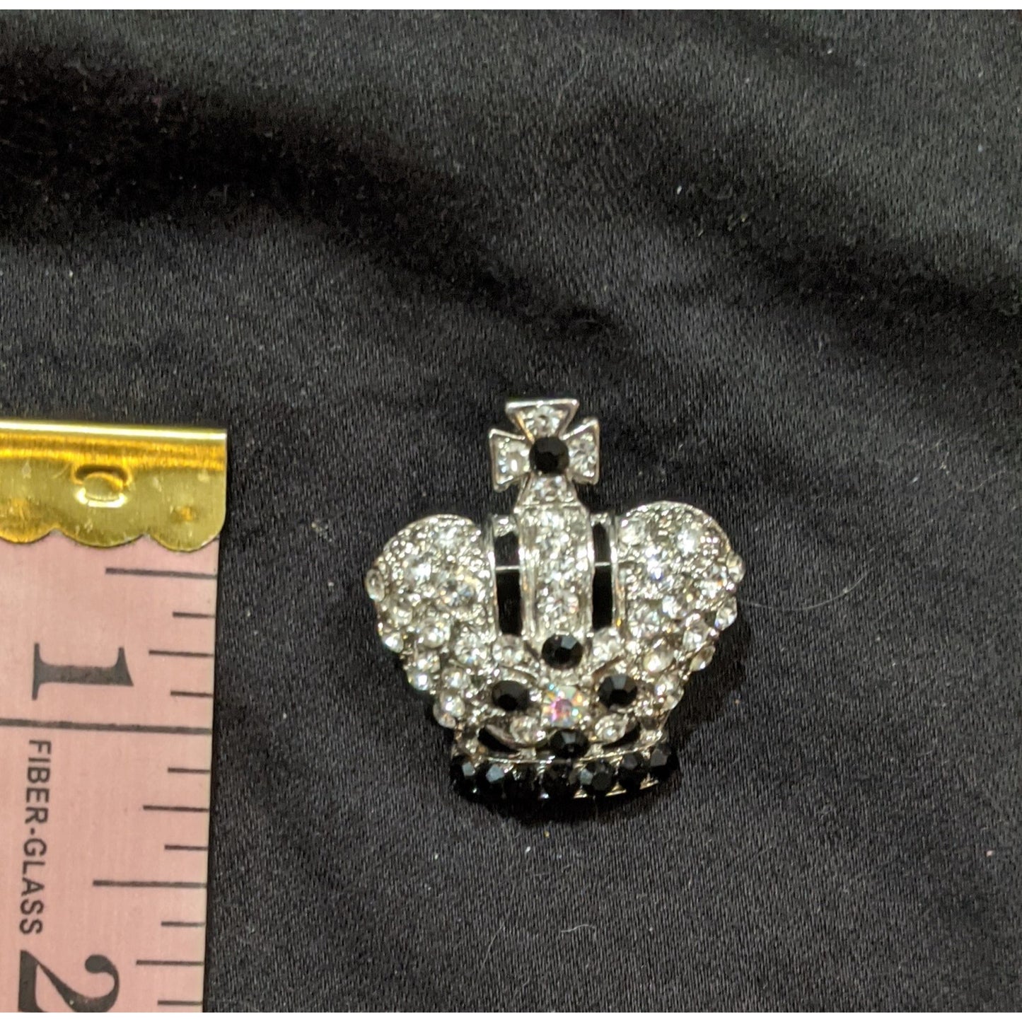 Silver And Black Rhinestone Crown Brooch