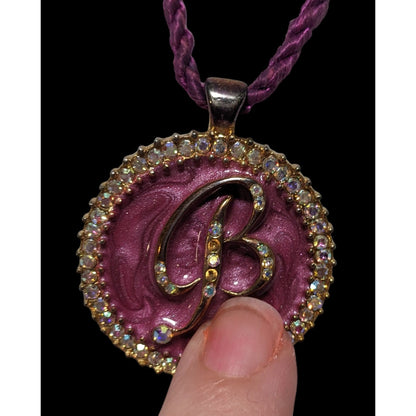 Purple Enamel Rhinestone B Medallion Necklace