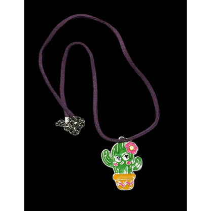 Smiling Bright Cactus Enamel Pendant Necklace