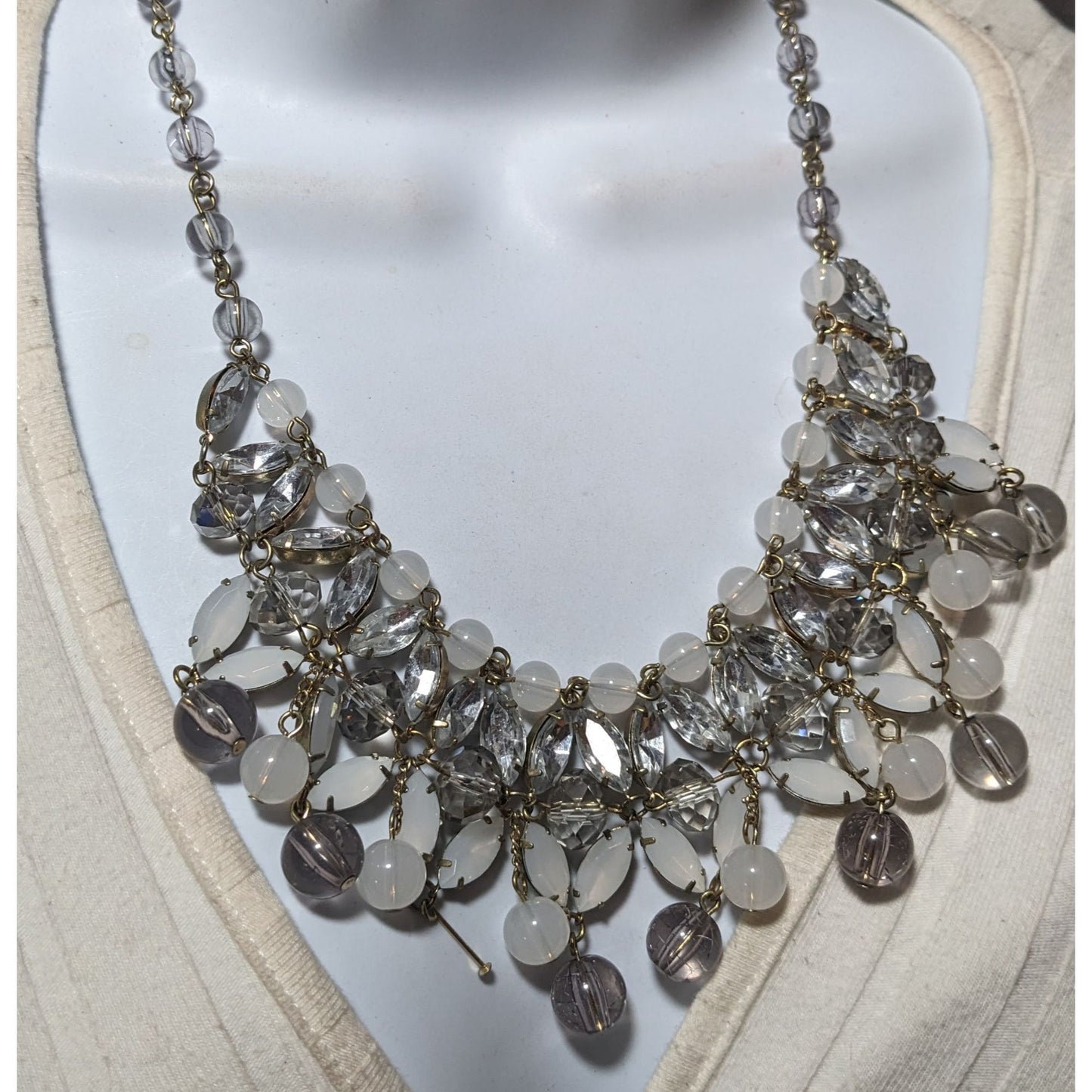 Elegant White And Silver Beaded Gem Bib Necklace