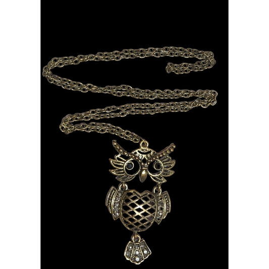 Vintage Brass Owl Pendant Necklace With Rhinestones