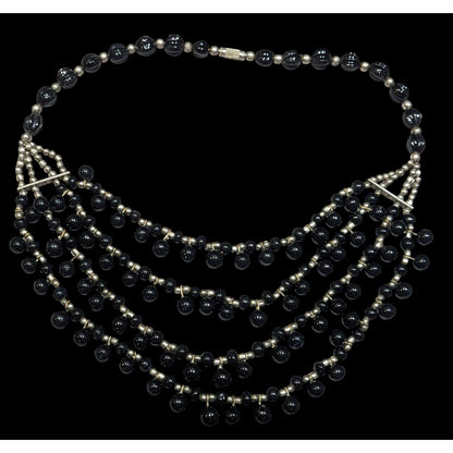 Vintage Gothic Black Glass And Silver Tone Beaded Layered Necklace