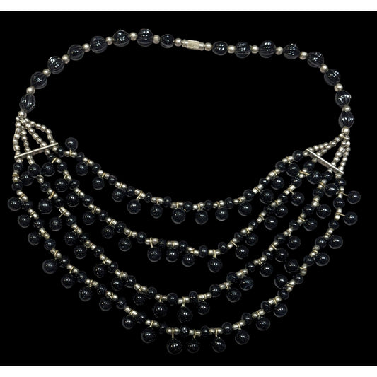Vintage Gothic Black Glass And Silver Tone Beaded Layered Necklace
