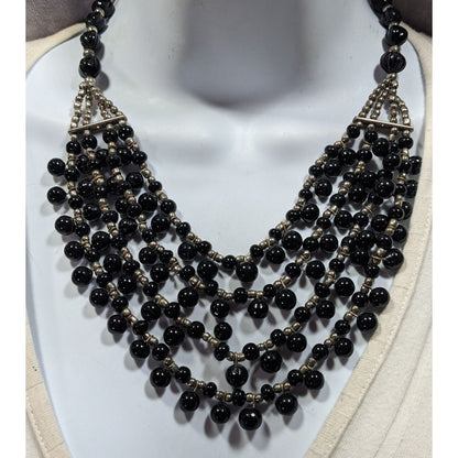 Vintage Gothic Black Glass And Silver Tone Beaded Layered Necklace