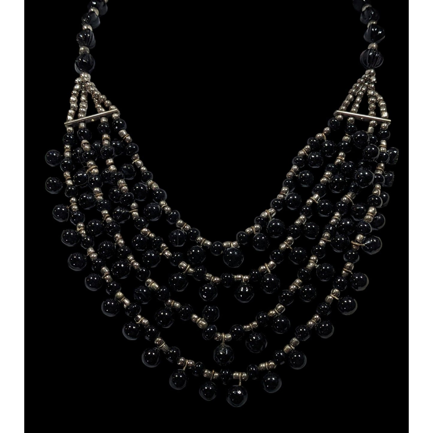 Vintage Gothic Black Glass And Silver Tone Beaded Layered Necklace