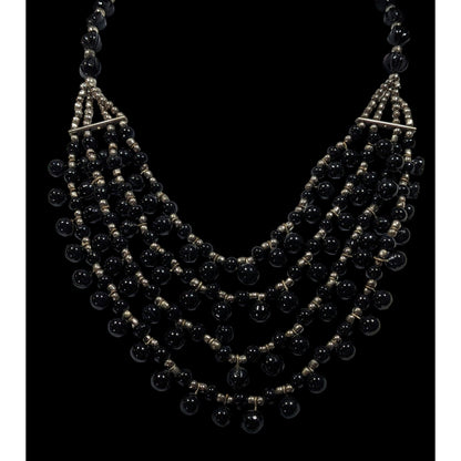 Vintage Gothic Black Glass And Silver Tone Beaded Layered Necklace