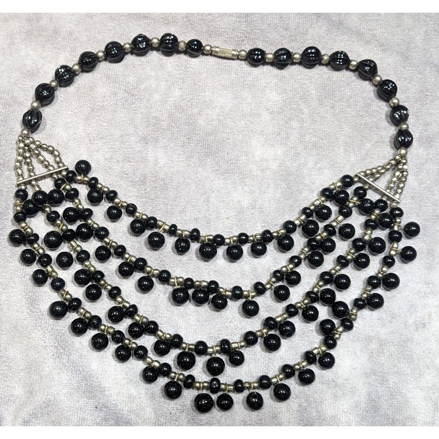 Vintage Gothic Black Glass And Silver Tone Beaded Layered Necklace