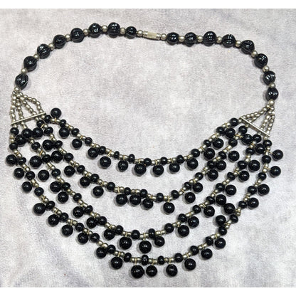 Vintage Gothic Black Glass And Silver Tone Beaded Layered Necklace