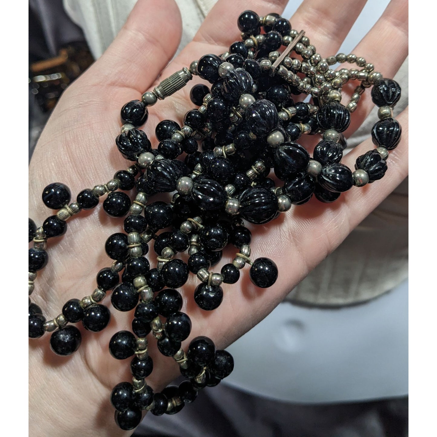 Vintage Gothic Black Glass And Silver Tone Beaded Layered Necklace