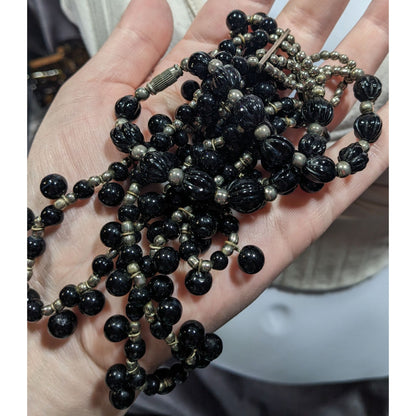 Vintage Gothic Black Glass And Silver Tone Beaded Layered Necklace