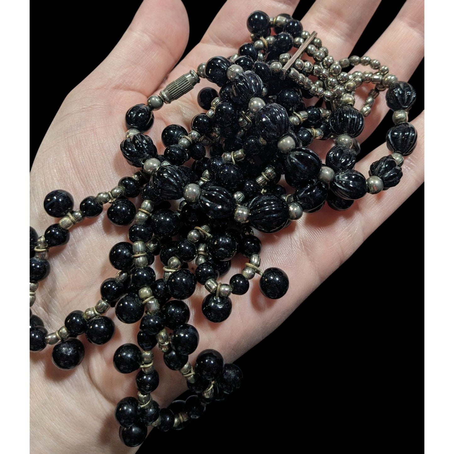 Vintage Gothic Black Glass And Silver Tone Beaded Layered Necklace