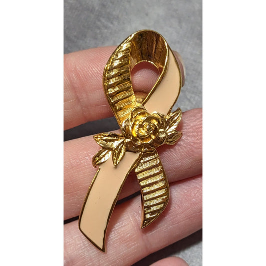 Vintage Avon Pink And Gold Enamel Breast Cancer Ribbon Pin