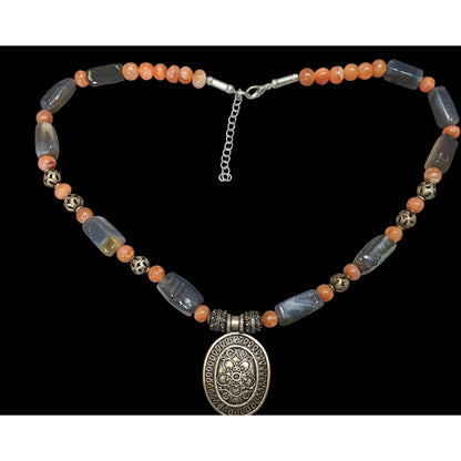 Vintage Handcrafted Bohemian Agate And Carnelian Necklace With Ornate Pendant