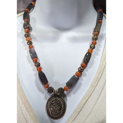 Vintage Handcrafted Bohemian Agate And Carnelian Necklace With Ornate Pendant