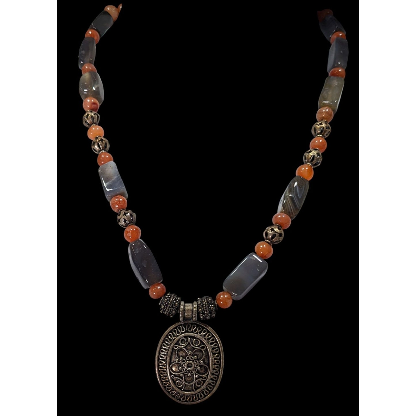 Vintage Handcrafted Bohemian Agate And Carnelian Necklace With Ornate Pendant