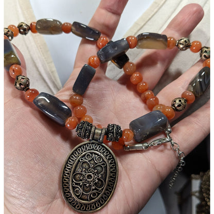 Vintage Handcrafted Bohemian Agate And Carnelian Necklace With Ornate Pendant