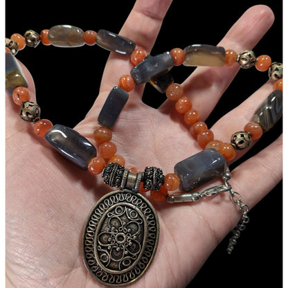 Vintage Handcrafted Bohemian Agate And Carnelian Necklace With Ornate Pendant