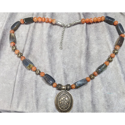 Vintage Handcrafted Bohemian Agate And Carnelian Necklace With Ornate Pendant