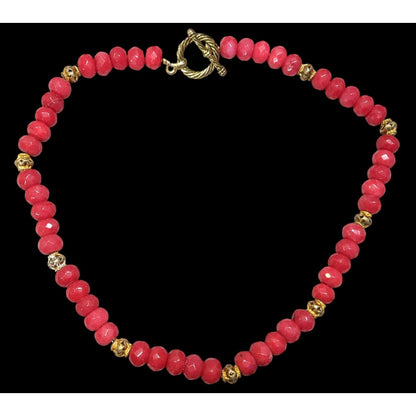 Vintage Handmade Faceted Thulite Beaded Necklace With Gold Tone Filigree Accents