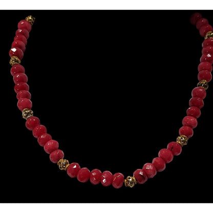 Vintage Handmade Faceted Thulite Beaded Necklace With Gold Tone Filigree Accents