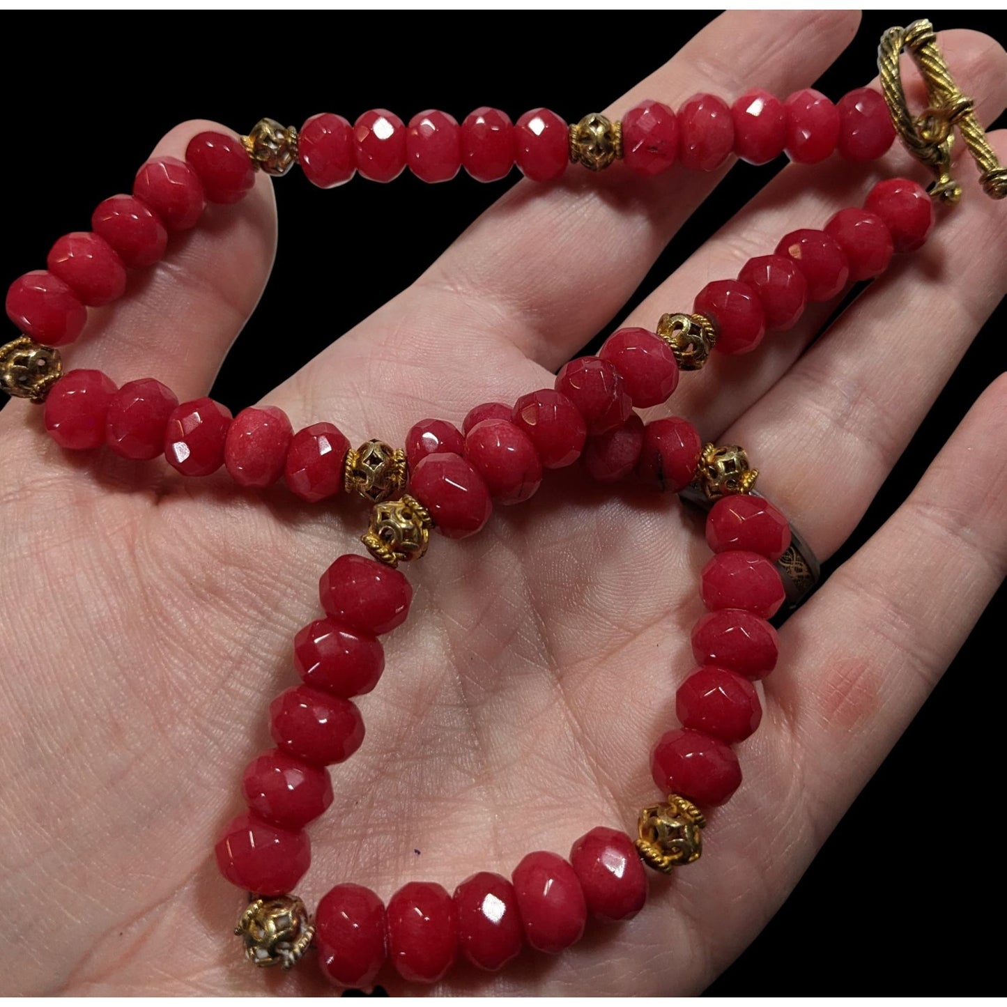 Vintage Handmade Faceted Thulite Beaded Necklace With Gold Tone Filigree Accents