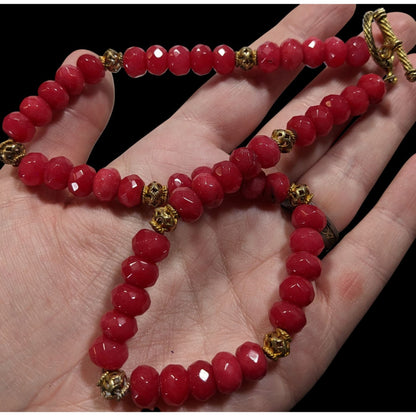 Vintage Handmade Faceted Thulite Beaded Necklace With Gold Tone Filigree Accents