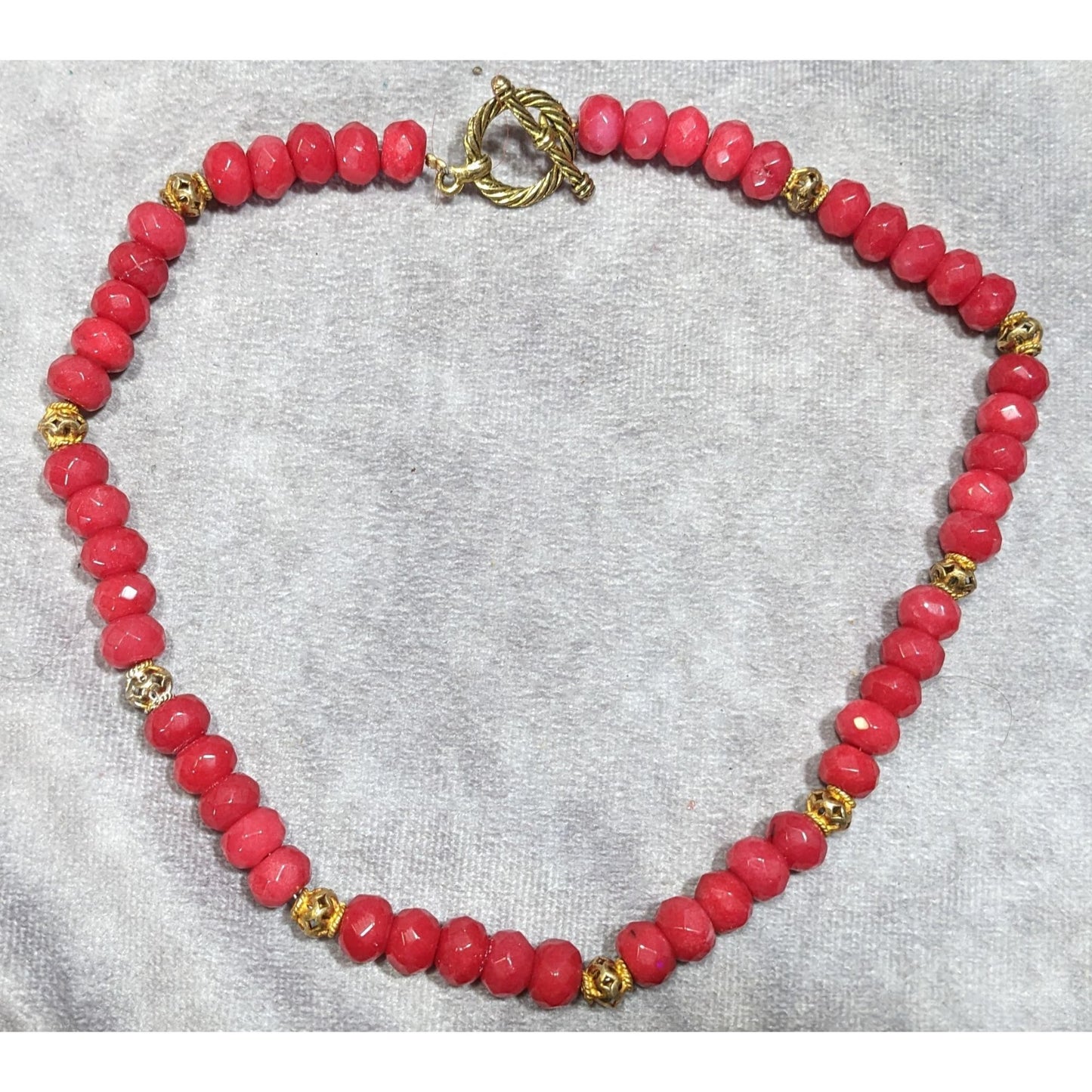 Vintage Handmade Faceted Thulite Beaded Necklace With Gold Tone Filigree Accents