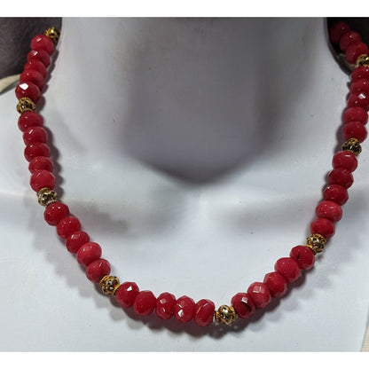 Vintage Handmade Faceted Thulite Beaded Necklace With Gold Tone Filigree Accents