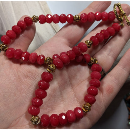 Vintage Handmade Faceted Thulite Beaded Necklace With Gold Tone Filigree Accents