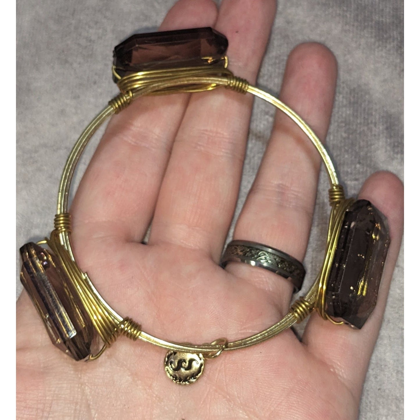 Boho Witchy Simulated Gem Wire Wrapped Gold Tone Bangle Bracelet