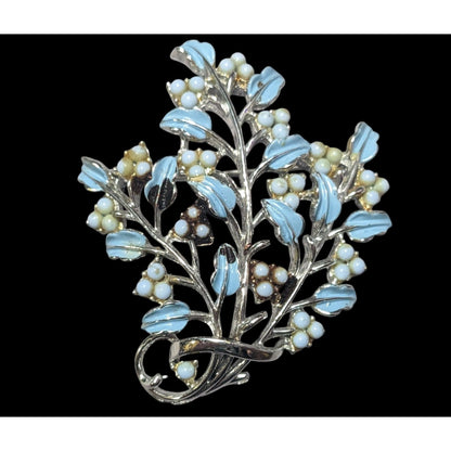 Vintage Floral Spray Blue And Silver Tone Brooch