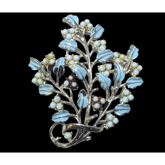 Vintage Floral Spray Blue And Silver Tone Brooch