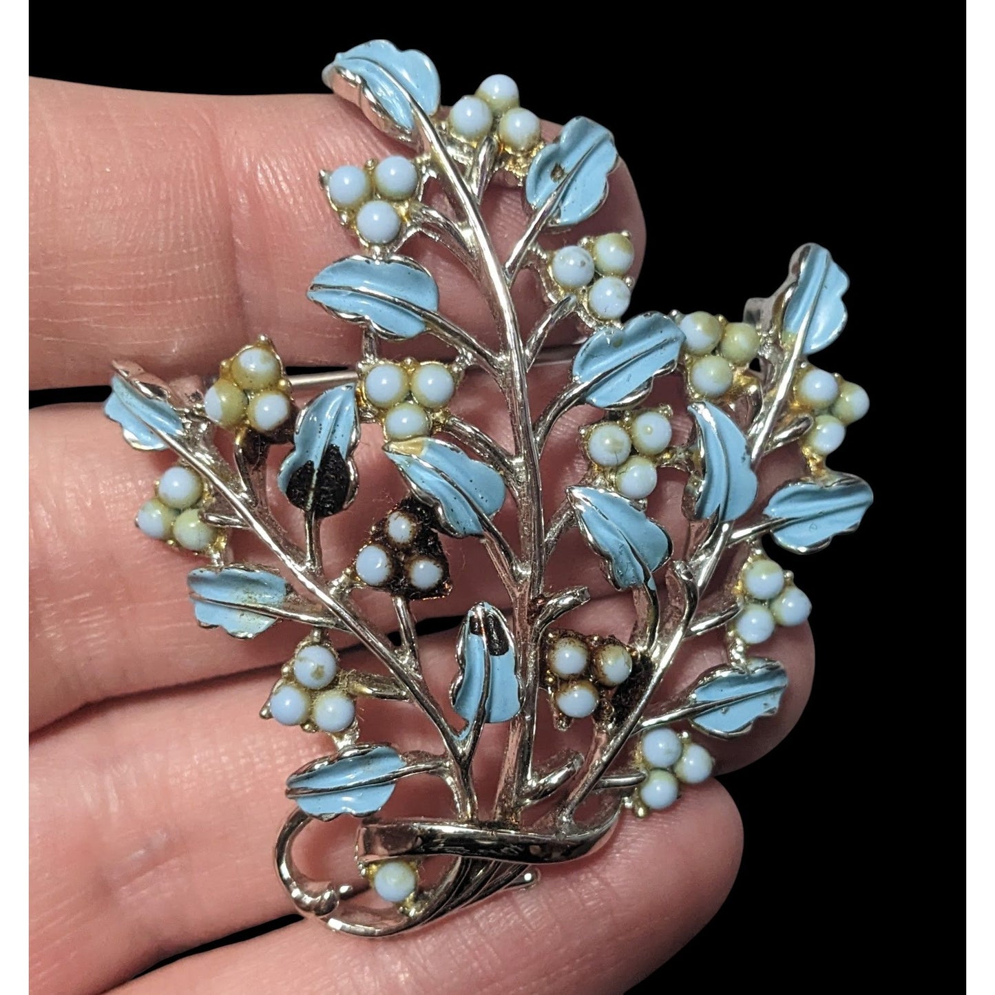 Vintage Floral Spray Blue And Silver Tone Brooch